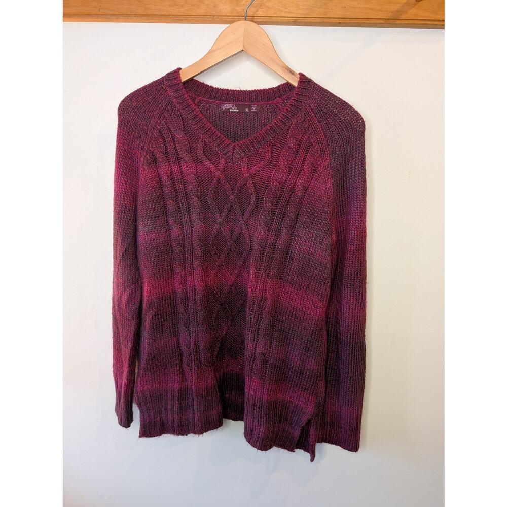 prAna Cable Knit Sweater Burgundy Purple Variegated V Neck Cozy Women's XL